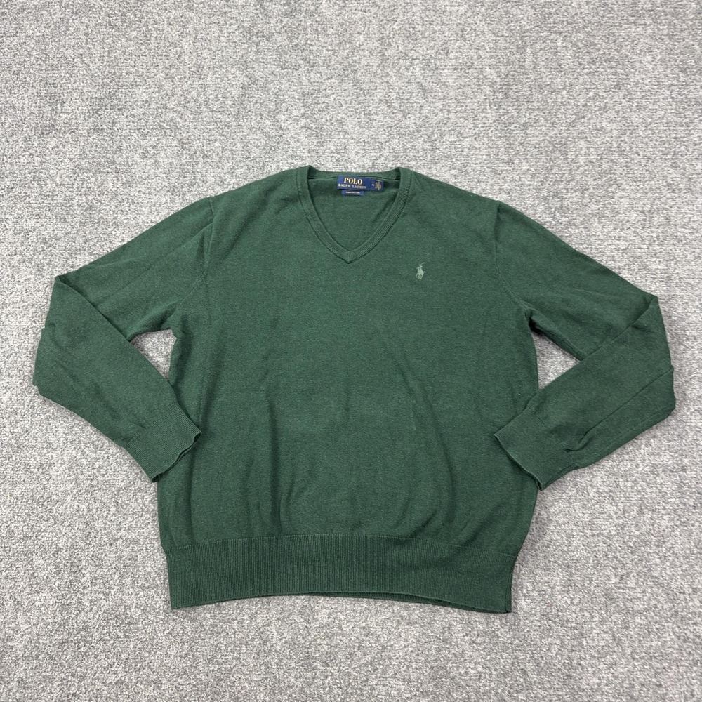 Polo Ralph Lauren Sweater Mens Medium Green V Neck Pima Cotton Knit Pullover